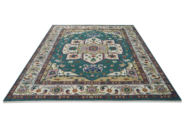 9x12 Teal, Ivory, Green Color Hand Knotted Oushak Wool  Oriental Rug