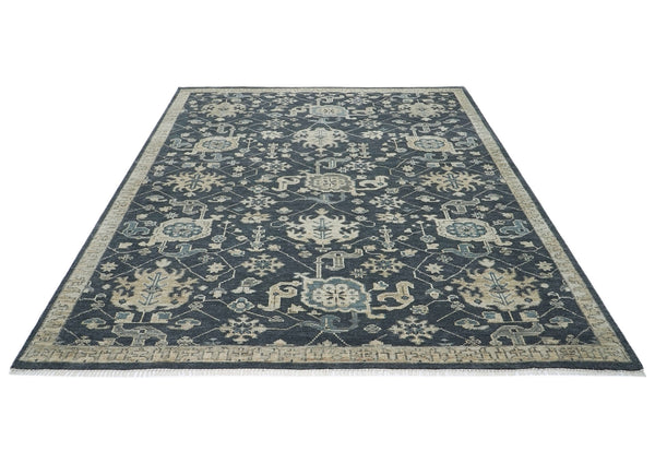 9x12 Blue, Slate, Beige Color Hand Knotted Oushak Wool Arts and Crafts Oriental Rug
