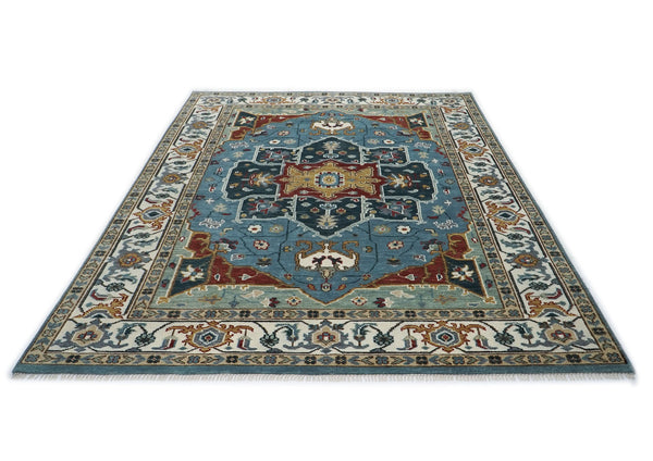 9x12 Blue, Ivory, Mint Color Hand Knotted Oushak Wool  Oriental Rug