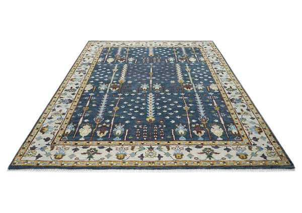 9x12 Blue, Ivory, Tan Color Hand Knotted Oushak Wool Transitional Oriental Rug