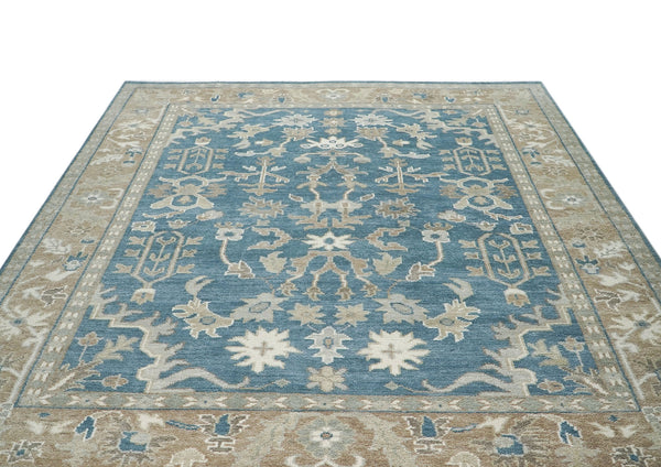 9x12 Blue, Tan, Ivory Color Hand Knotted Oushak Wool Transitional Oriental Rug