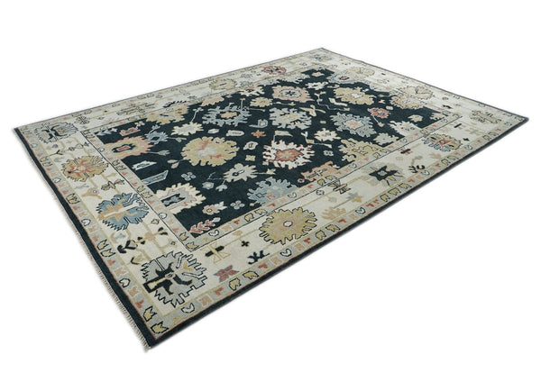 10x14 Dark Blue, Ivory, Green Color Hand Knotted Oushak Wool Arts and Crafts Oriental Rug