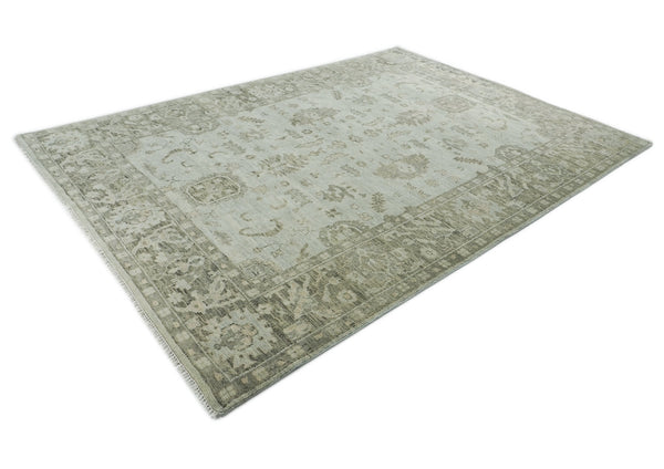 10x14 Gray, Moss, Multi Color Hand Knotted Oushak Wool Transitional Oriental Rug