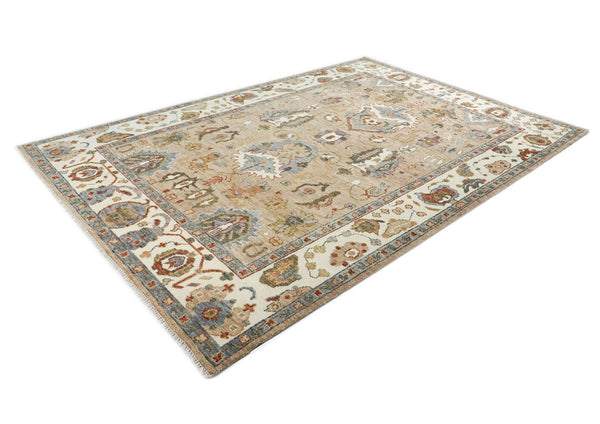 10x14 Tan, Ivory, Slate Color Hand Knotted Oushak Wool Arts and Crafts Oriental Rug