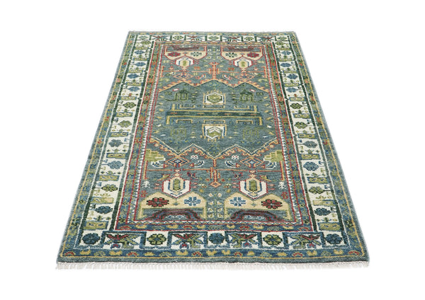 5x8 Teal, Ivory, Lime Color Hand Knotted Oushak Wool Transitional Oriental Rug