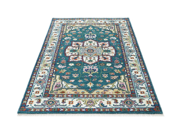 5x8 Turquoise, Ivory, Burnt Orange Go Color Hand Knotted Oushak Wool Traditional Oriental Rug
