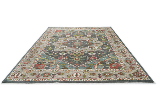 10x14 Slate, Ivory, Lime Color Hand Knotted Oushak Wool  Oriental Rug