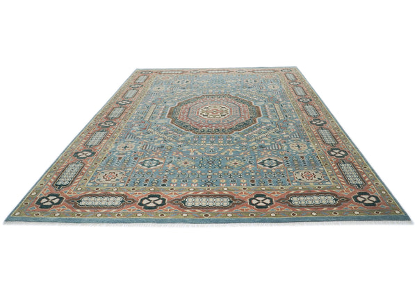 10x14 Blue, Rust, Green Color Hand Knotted Oushak Wool Traditional Oriental Rug