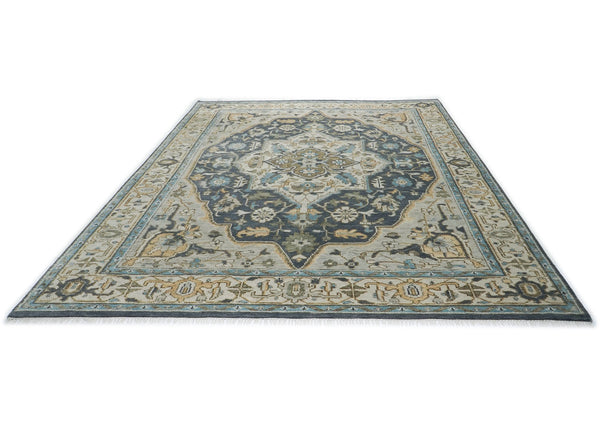 10x14 Blue, Beige, Green Color Hand Knotted Oushak Wool  Oriental Rug