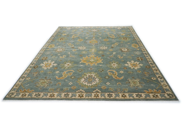 10x14 Seledon, Gold, Ivory Color Hand Knotted Oushak Wool Arts and Crafts Oriental Rug