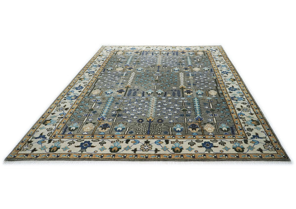 10x14 Gray, Tan, Blue Color Hand Knotted Oushak Wool Transitional Oriental Rug