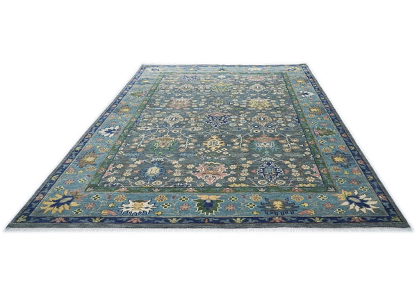 10x14 Blue, Navy, Green Color Hand Knotted Oushak Wool Arts and Crafts Oriental Rug