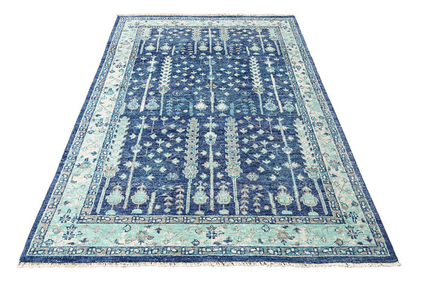 6x9 Blue, Aqua, Beige Color Hand Knotted All-Over 100% Wool Traditional Oriental Rug