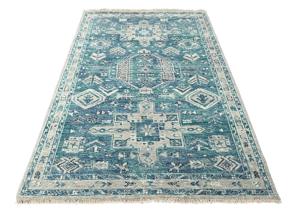 9x12 Turquoise, Gray, Beige Color Hand Knotted All-Over 100% Wool Traditional Oriental Rug