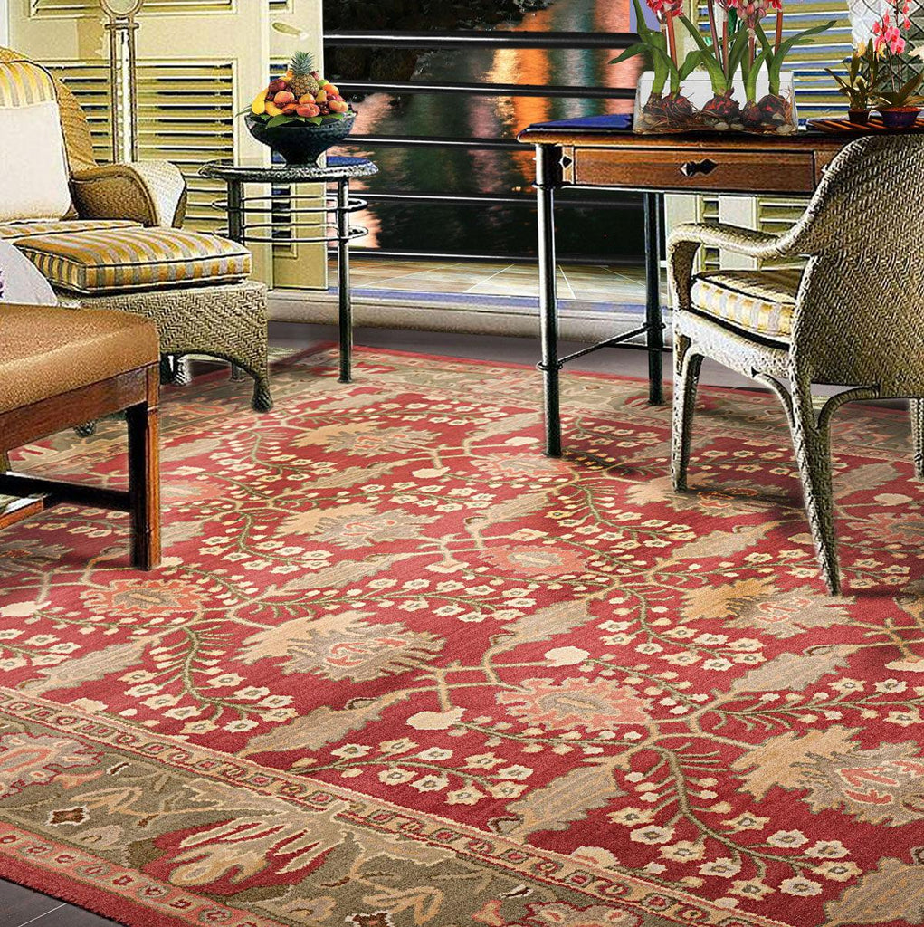 Aesa LoomBloom Multi Size Rusty Red, Green Hand Tufted William Morris Arts & Craft 100% Wool Oriental Area Rug