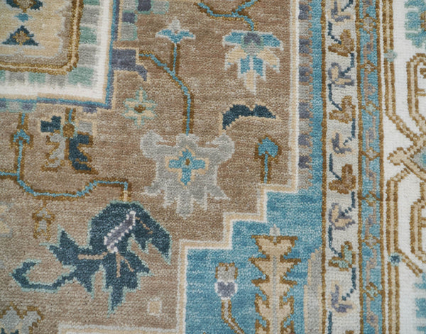 Multi Size Beige Tan Aqua Color Hand Knotted Turkish Oushak 100% Wool Transitional Oriental Rug