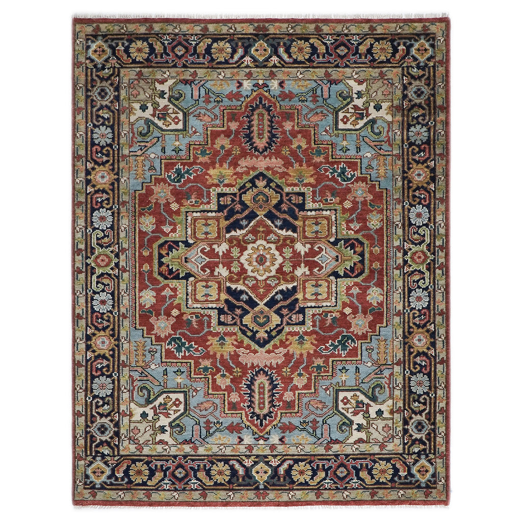 8x10 Rust, Navy, Aqua Color Hand Knotted Heriz Wool Traditional Oriental Rug