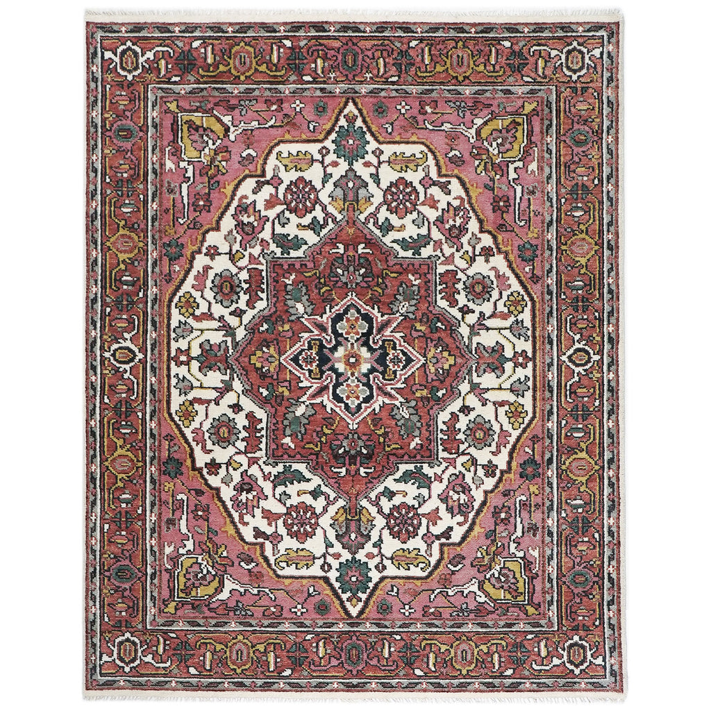 8x10 Pink, Ivory, Gold Color Hand Knotted Heriz Wool Traditional Oriental Rug