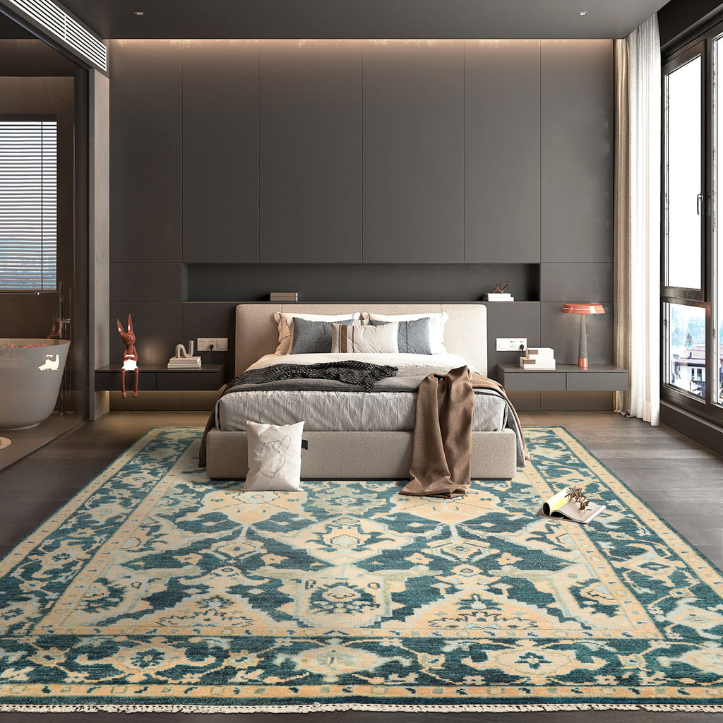 7'10''x10'4'' Teal, Ivory Oushak Traditional Hand Knotted Wool Oriental Area Rug