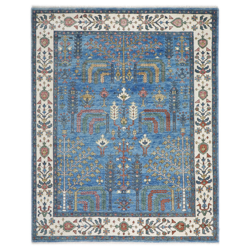 8x10 Blue, Ivory, Gold Color Hand Knotted Oushak Wool Transitional Oriental Rug