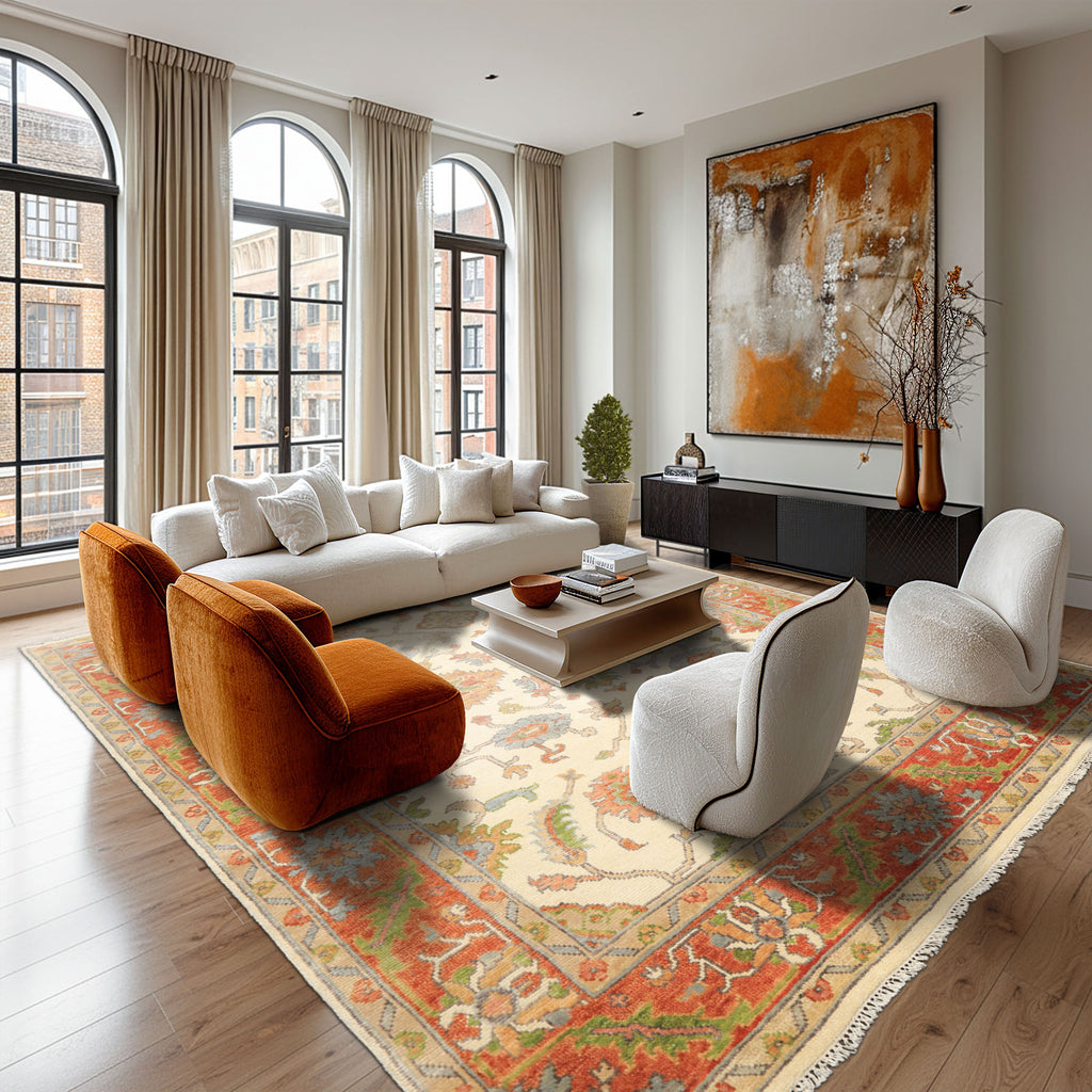 7'10''x9'11'' Ivory, Burnt Orange Oushak Traditional Hand Knotted Wool Oriental Area Rug