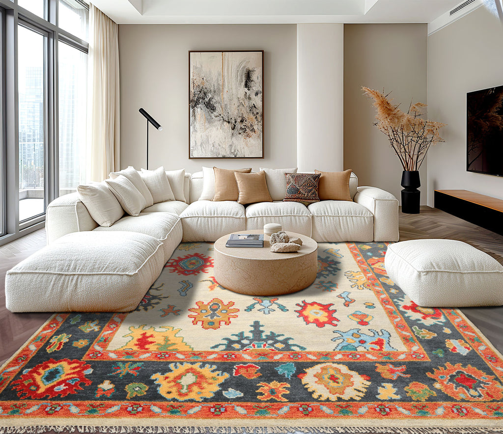 7'11''x9'11'' Beige, Gray Oushak Traditional Hand Knotted Wool Oriental Area Rug