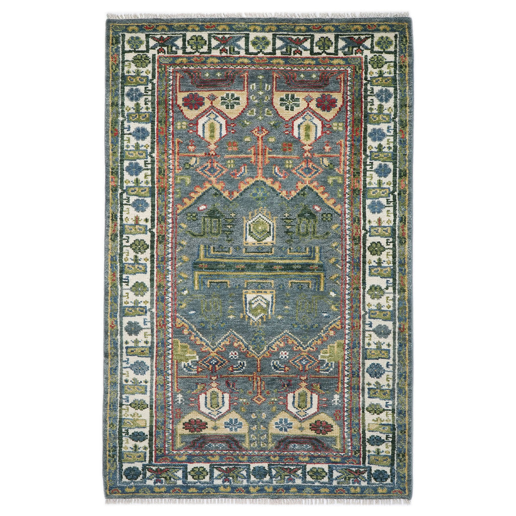 5x8 Teal, Ivory, Lime Color Hand Knotted Oushak Wool Transitional Oriental Rug