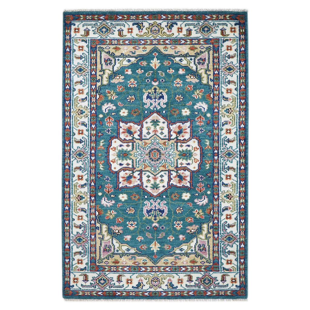 5x8 Turquoise, Ivory, Burnt Orange Go Color Hand Knotted Oushak Wool Traditional Oriental Rug