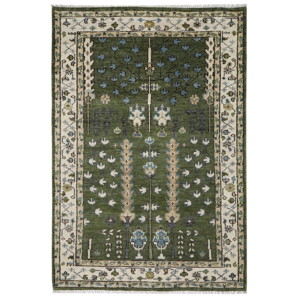 5x8 Green, Ivory, Blue Color Hand Knotted Oushak Wool Transitional Oriental Rug