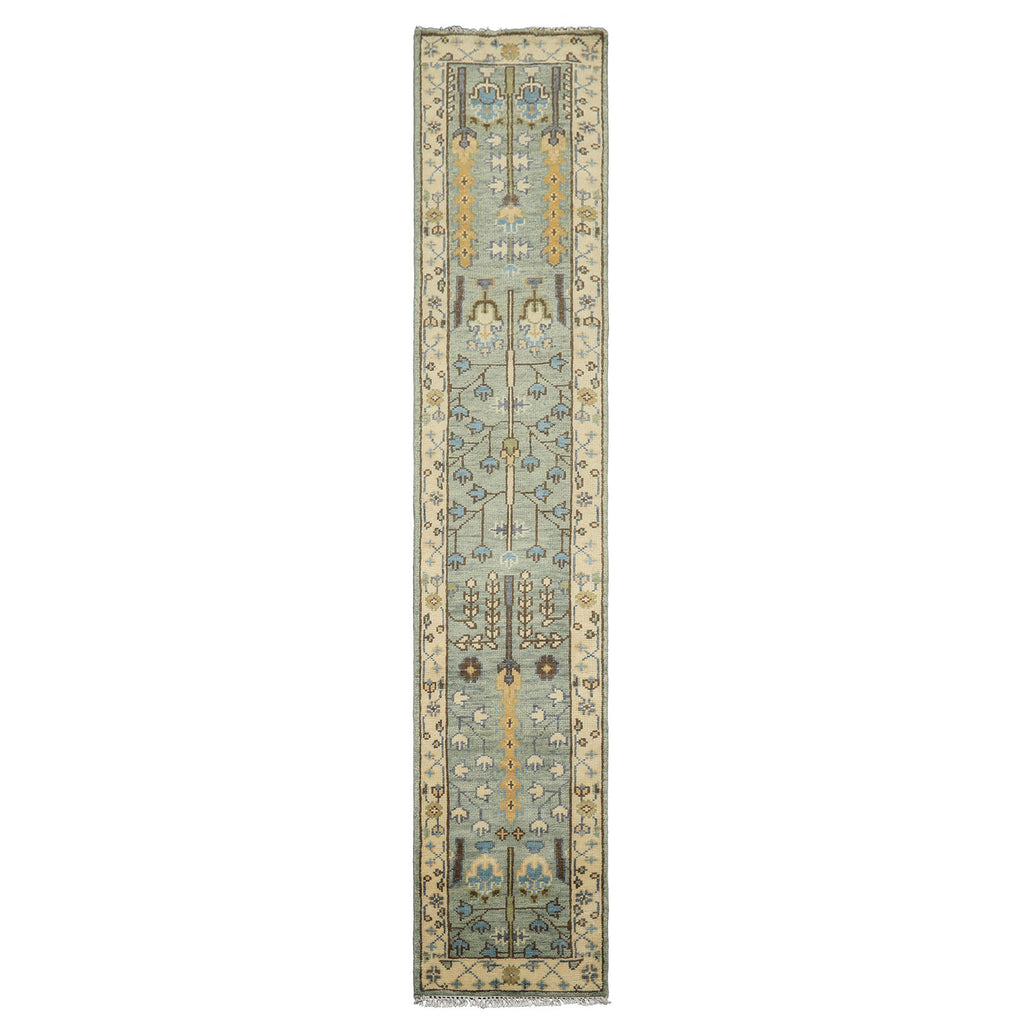 Runner Celadon, Ivory, Brown Color Hand Knotted Oushak Wool Traditional Oriental Rug