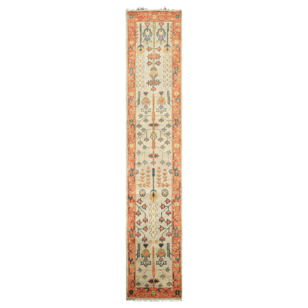 Runner Beige, Burnt Orange, Lime Color Hand Knotted Oushak Wool Traditional Oriental Rug
