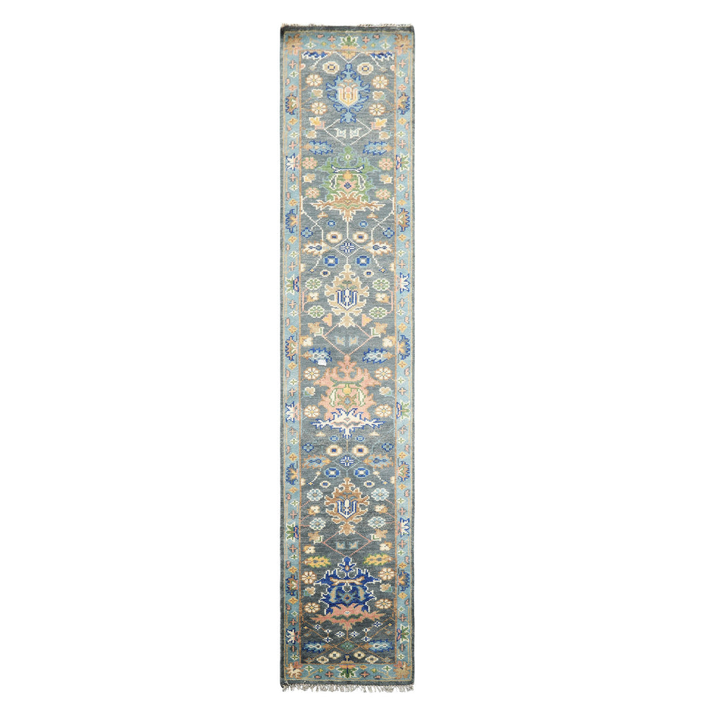 Runner Slate, Aqua, Navy Color Hand Knotted Oushak Wool Traditional Oriental Rug