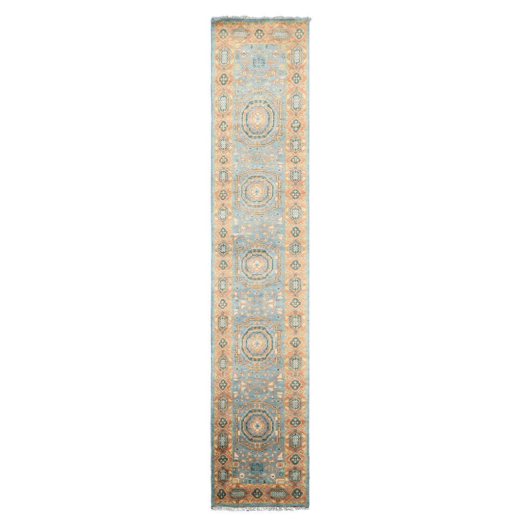 Runner Aqua, Burnt Orange, Lime Color Hand Knotted Oushak Wool Traditional Oriental Rug