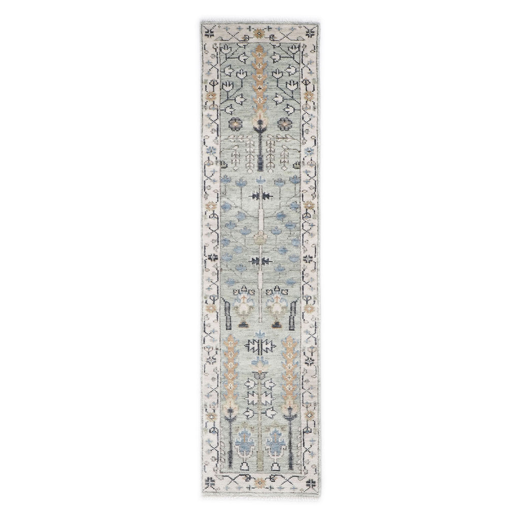 Runner Gray, Beige, Blue Color Hand Knotted Oushak Wool Transitional Oriental Rug