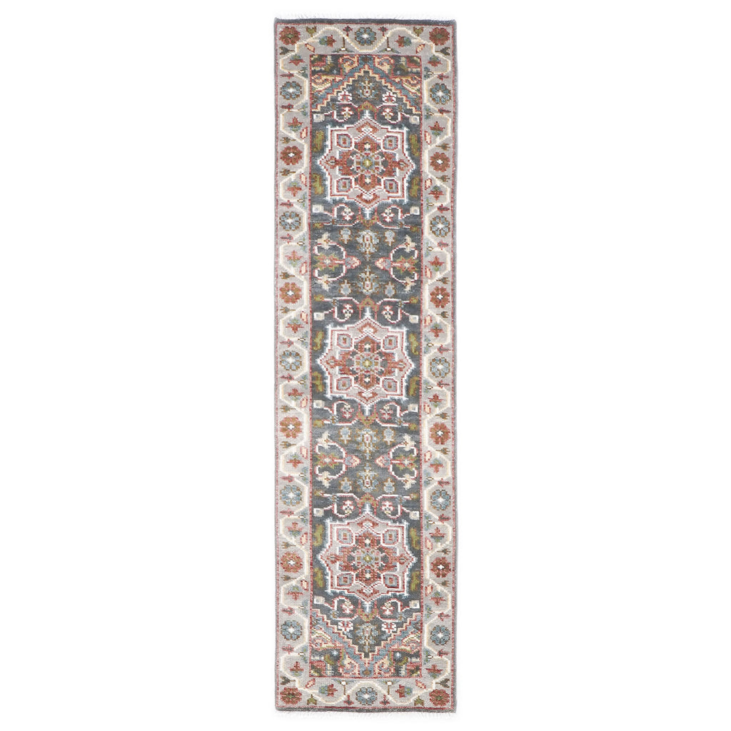 Runner Gray, Slate, Ivory Color Hand Knotted Oushak Wool Transitional Oriental Rug