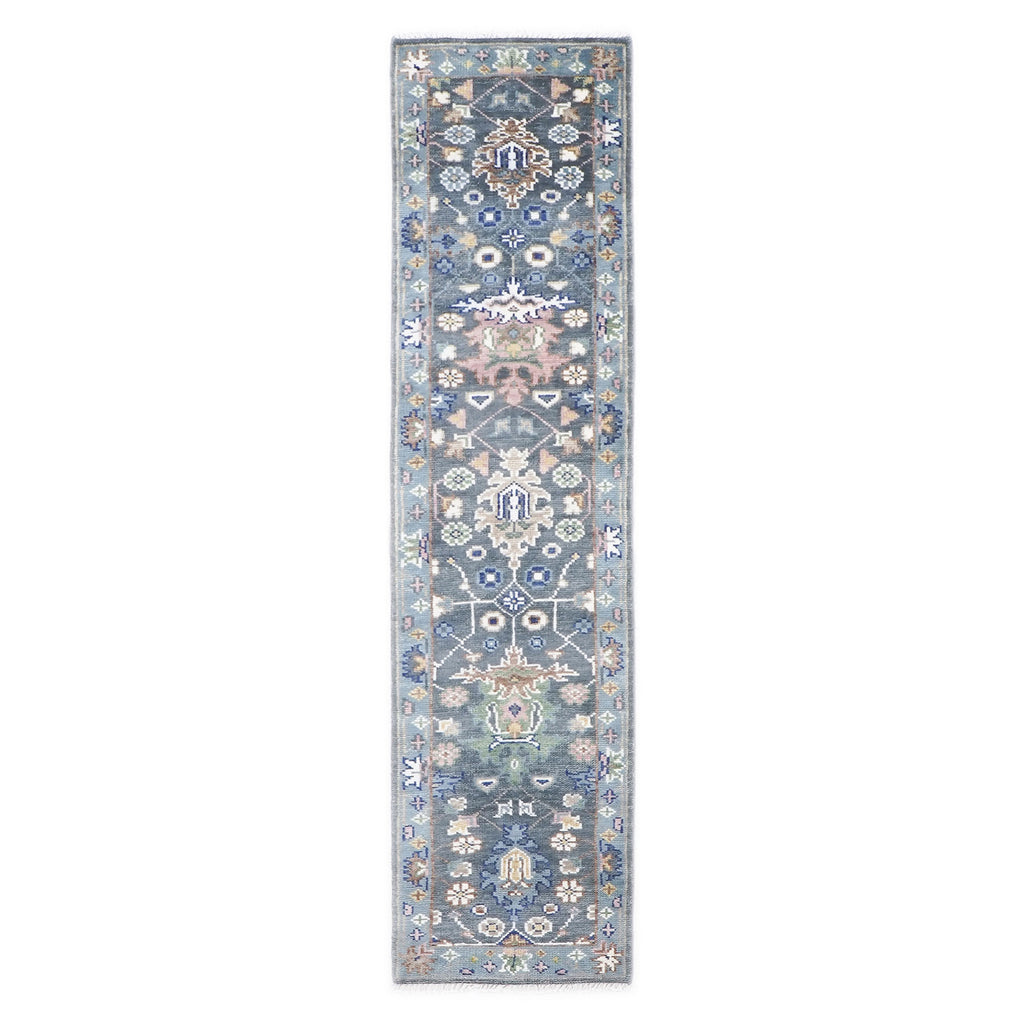 Runner Gray, Slate, Blue Color Hand Knotted Oushak Wool Arts & Crafts Oriental Rug