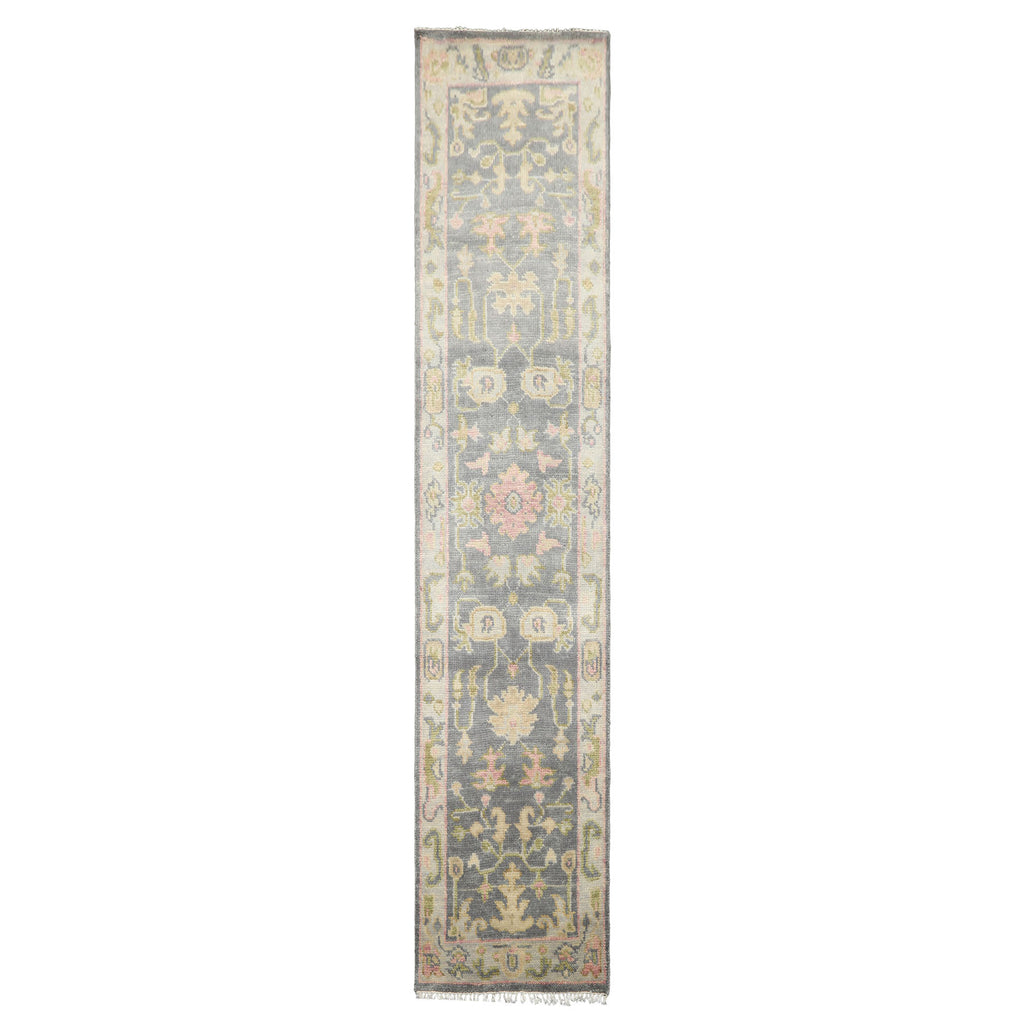 Runner Gray, Mint, Beige Color Hand Knotted Oushak Wool Traditional Oriental Rug