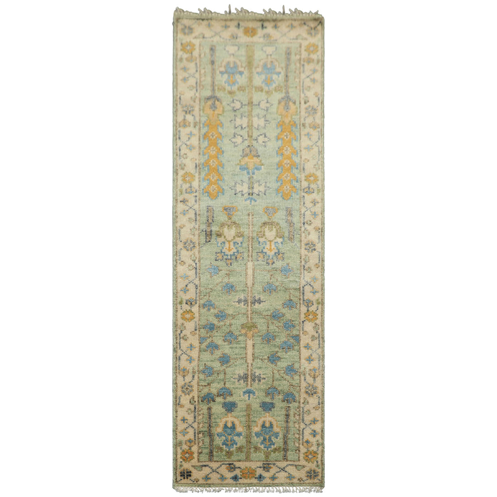 Runner Mint, Ivory, Gold Color Hand Knotted Oushak Wool Traditional Oriental Rug