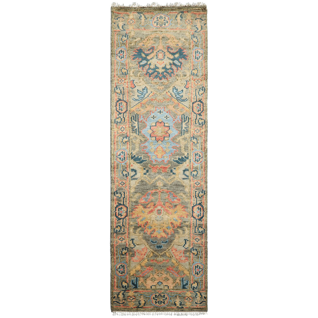 Runner Moss, Gold, Blush Color Hand Knotted Oushak Wool Traditional Oriental Rug