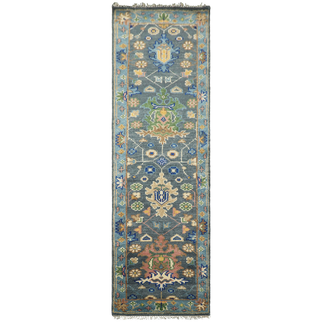 Runner Slate, Blue, Blush Color Hand Knotted Oushak Wool Traditional Oriental Rug