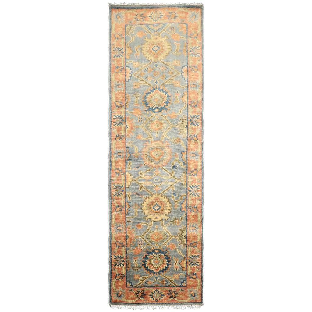 Runner Slate, Blue, Peach Color Hand Knotted Oushak Wool Traditional Oriental Rug