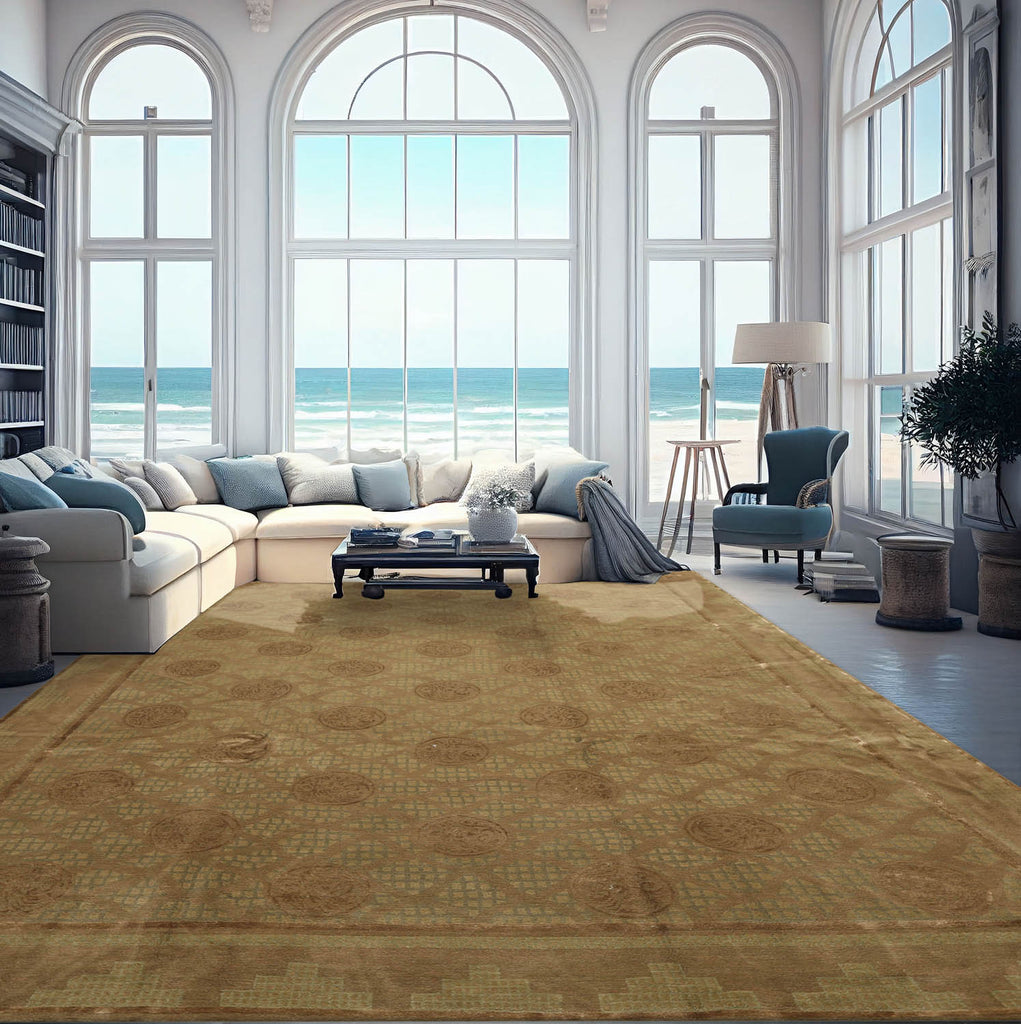 9x12 Moss, Brown, Blue Color Hand Knotted Tibetan Persian Wool & Silk Traditional Oriental Rug