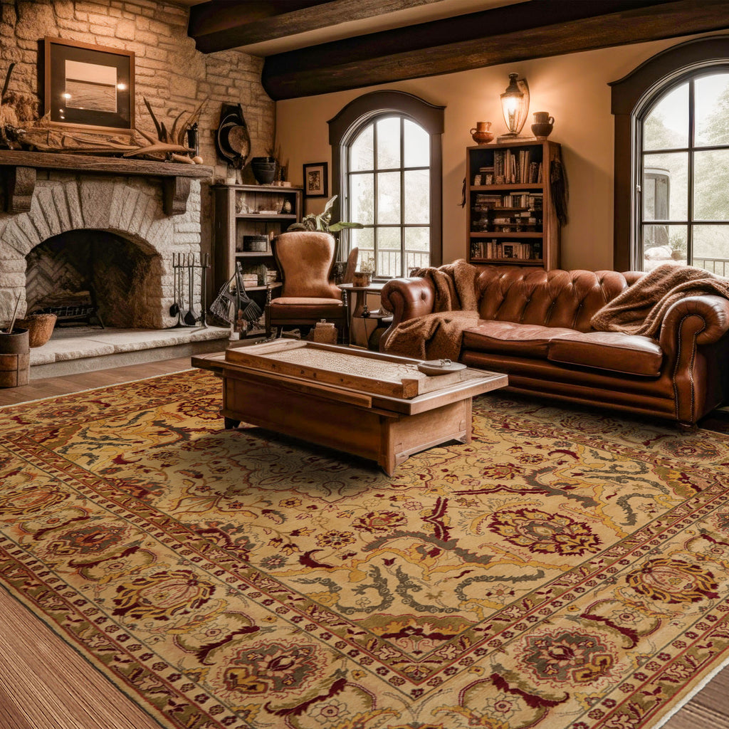 10x14 Gold, Burgundy, Sage Color Hand Knotted All-Over 100% Wool Traditional Oriental Rug