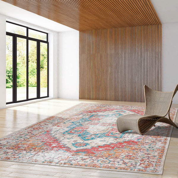 Multi Size Beige Turquoise Coral Color Machine Made Flatweave Polyester Traditional Oriental Rug