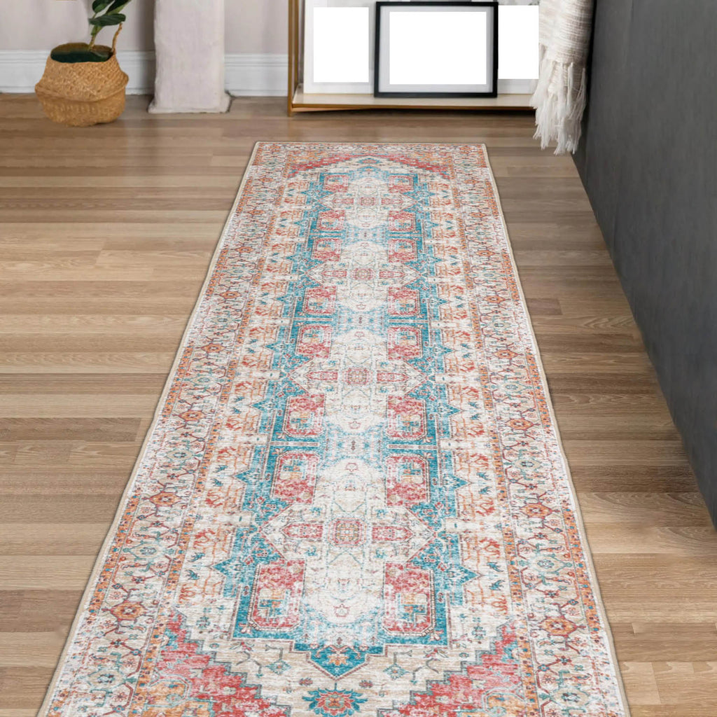 Multi Size Beige Turquoise Coral Color Machine Made Flatweave Polyester Traditional Oriental Rug