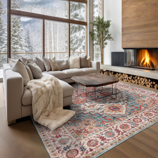 Multi Size Aqua Beige Rust Color Machine Made Flatweave Polyester Traditional Oriental Rug