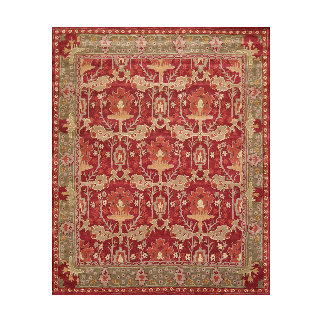 8x10 Red, Sage, Tan Color Hand Tufted William Morris 100% Wool Arts & Crafts Oriental Rug