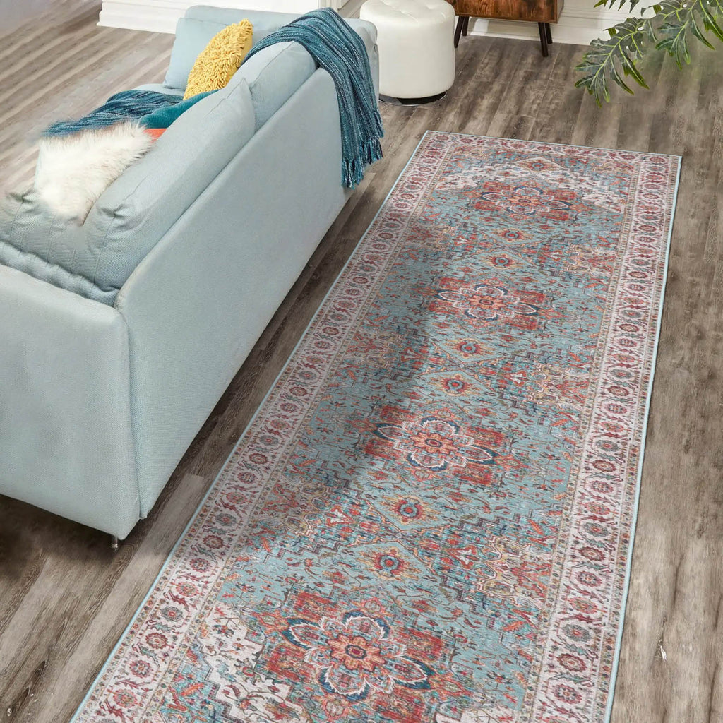 Multi Size Aqua Beige Rust Color Machine Made Flatweave Polyester Traditional Oriental Rug