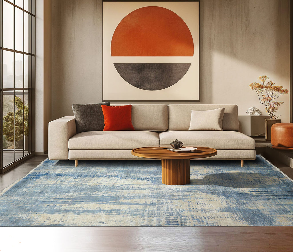 8x10 Beige, Blue, Color Hand Knotted Sherpa Wool and Silk Modern & Contemporary Oriental Rug