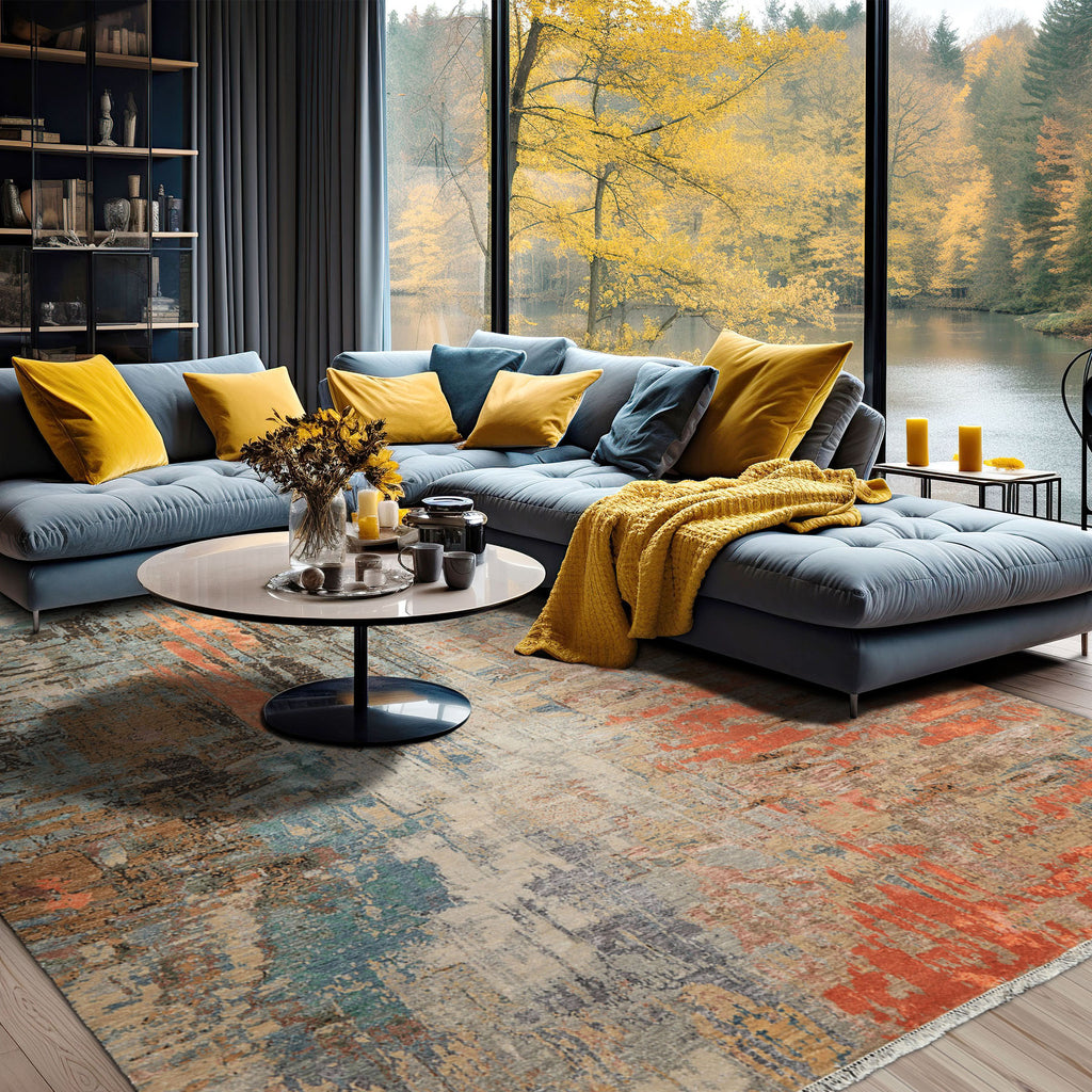 8x10 Beige, Coral, Aqua Color Hand Knotted Sherpa Wool and Silk Modern & Contemporary Oriental Rug